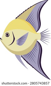 Flat illustration of a tropical angelfish with yellow body purple fins and delicate line details