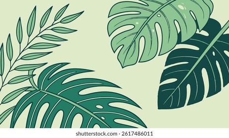 Flat illustration of tropical leaves on a light green background. Ideal for summer, botanical, and eco-themed creative projects.