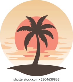 Flat illustration of a tropical palm tree silhouette on a small island with a glowing sunset and mirrored water