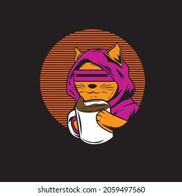 flat illustration of t-shirt, cat, and logo used for print