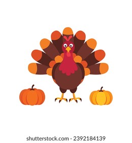 Flat Illustration of Turkey with Autumn Harvest for Thanksgiving Theme Illustration.