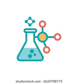 A flat illustration of a turquoise beaker with a connected molecule model. Depicts chemistry or science in a minimalist style.