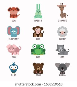 Flat illustration of twelve animals including giraffe and koala, dog, cat, elephant ...