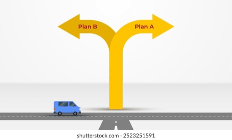 Flat illustration of two arrows in opposite directions. Concept of decision-making and choosing the right plan. Confused and wondering about choosing future goals