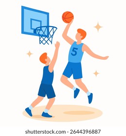 Flat Illustration of Two Basketball Player in Action with Hoop Sport