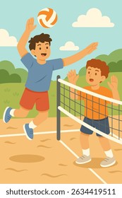 Flat illustration of two boys playing volleyball outdoors.