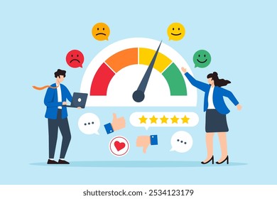 Flat illustration of two business people analyzing customer feedback brand reputation with emojis on rating gauge