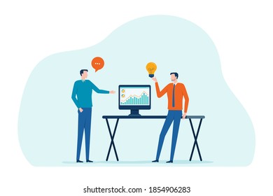 Flat illustration two businessman talking for business finance investment with monitor graph report concept and vector cartoon character design 