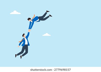 Flat illustration of two businessmen performing acrobatic hand hold in mid air symbolizing teamwork support trust rescue partnership and cooperation with copy space