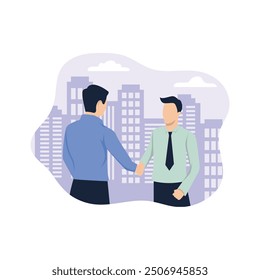 Flat illustration of two businessmen shaking hands with a silhouette of a building behind them