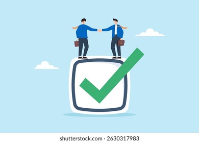 Flat illustration of two businessmen shaking hands and standing on large check mark box, agreement partnership trust on work and successful deal