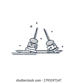 Flat illustration of two canapes in plate on white background. Meat, cheese, olive, bread. Spanish tapas. Mix food. Traditional element holiday party decoration. Restaurant food with wooden stick.
