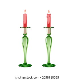 Flat illustration of two candlesticks with burning candles with and without molten wax. Image made in green and coral colors on white background. Idea for a poster, sticker, book, web design and so on