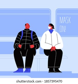 Flat illustration of two characters on public transport. One wears a mask and one without face covering. The lettering Mask On on the car window