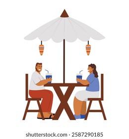 A flat illustration of two characters sitting at restaurant
