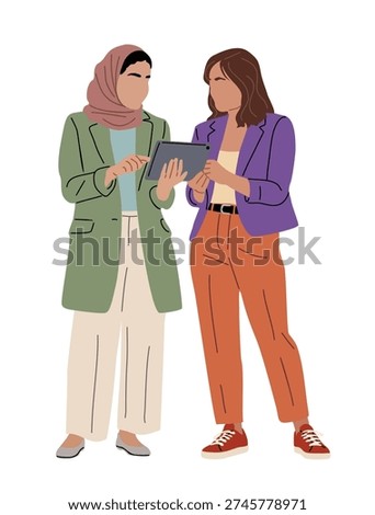Flat illustration of two diverse women, including a Muslim woman in a hijab, collaborating on a tablet. Modern minimalist style with bold colors on a white background.