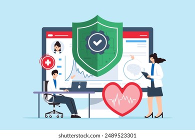 Flat illustration of two doctors handling cybersecurity for healthcare data and securing medical records