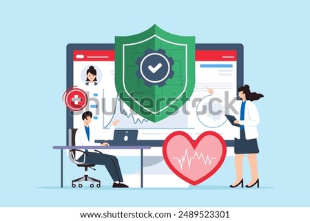 Flat illustration of two doctors handling cybersecurity for healthcare data and securing medical records