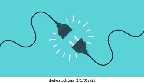 Ilustración plana de dos enchufes eléctricos que se conectan con el símbolo de energía brillante sobre fondo azul. Representa el suministro de electricidad, la activación de energía, el flujo de energía y el concepto de tecnología eléctrica moderna.