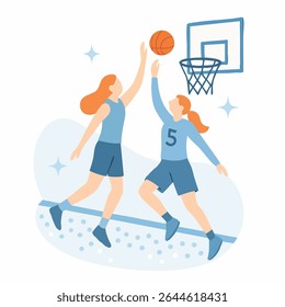 Flat Illustration Two Female Basketball Player Playing Basketball Game