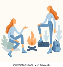 Flat Illustration Two Female Friends Camping Around Bonfire Scene Adventure
