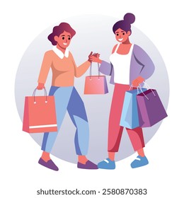 A flat illustration of two friends buying things together 

