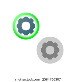 Flat illustration of two gears representing system status. green gear indicates an active or running program,  gray gear represents an inactive or stopped function. for system status indicators