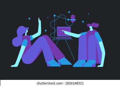 Flat illustration of two girls recording home podcast together. Two characters sitting in front of laptop and microphone.