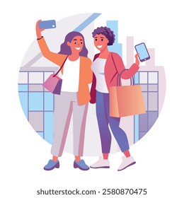 A flat illustration of two girls taking shopping selfie 
