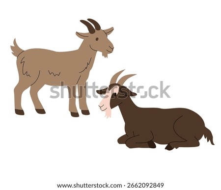 Flat illustration of two goats in different poses, one standing and one lying down. Simple cartoon style with earthy colors, ideal for childrens books, farm themed designs, and educational materials