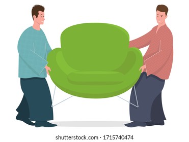 Flat illustration with two guys carrying green armchair.