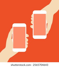 Flat illustration with two hand holding phone on orange background