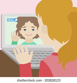 Flat illustration of two happy cute smiling girlfriends calling each other via video chat on a laptop. Flat design style modern vector concept. Isolated on stylish background