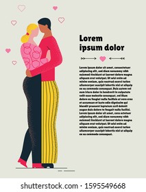 Flat illustration of two hugging lovers: man and woman for web app, articles. For St Valentine day