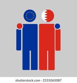 Flat illustration of two human figures with the European Union and Bahrain flags as heads. Minimalistic design, isolated background.