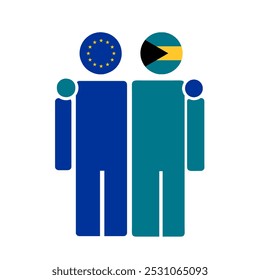 Flat illustration of two human figures with the European Union and Bahamas flags as heads. Minimalistic design, isolated background.