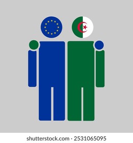 Flat illustration of two human figures with the European Union and Algeria flags as heads. Minimalistic design, isolated background. - Powered by Shutterstock - Get 15% off with code: PIKWIZARD15