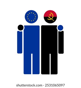 Flat illustration of two human figures with the European Union and Angola flags as heads. Minimalistic design, isolated background.