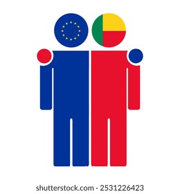 Flat illustration of two human figures with the European Union and Benin flags as heads. Minimalistic design, isolated background.