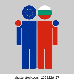 Flat illustration of two human figures with the European Union and Bulgaria flags as heads. Minimalistic design, isolated background.