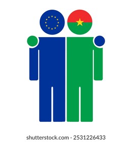 Flat illustration of two human figures with the European Union and Burkina Faso flags as heads. Minimalistic design, isolated background.