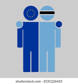 Flat illustration of two human figures with the European Union and Botswana flags as heads. Minimalistic design, isolated background.