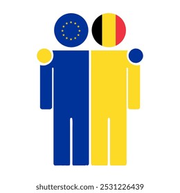 Flat illustration of two human figures with the European Union and Belgium flags as heads. Minimalistic design, isolated background.