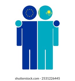 Flat illustration of two human figures with the European Union and Kazakhstan flags as heads. Minimalistic design, isolated background.