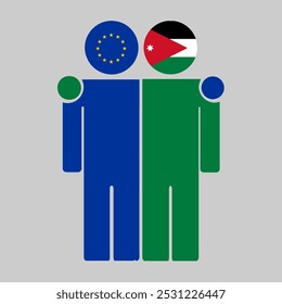 Flat illustration of two human figures with the European Union and Jordan flags as heads. Minimalistic design, isolated background.