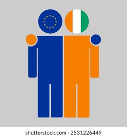 Flat illustration of two human figures with the European Union and Ivory Coast flags as heads. Minimalistic design, isolated background.