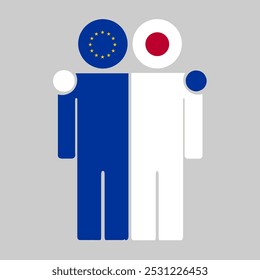 Flat illustration of two human figures with the European Union and Japan flags as heads. Minimalistic design, isolated background.