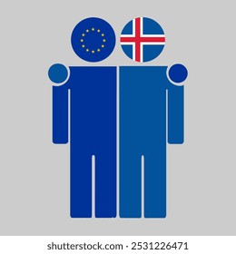 Flat illustration of two human figures with the European Union and Iceland flags as heads. Minimalistic design, isolated background.