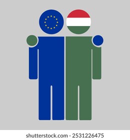Flat illustration of two human figures with the European Union and Hungary flags as heads. Minimalistic design, isolated background.