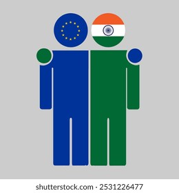 Ilustração plana de duas figuras humanas com as bandeiras da União Europeia e da Índia como cabeças. Design minimalista, fundo isolado.